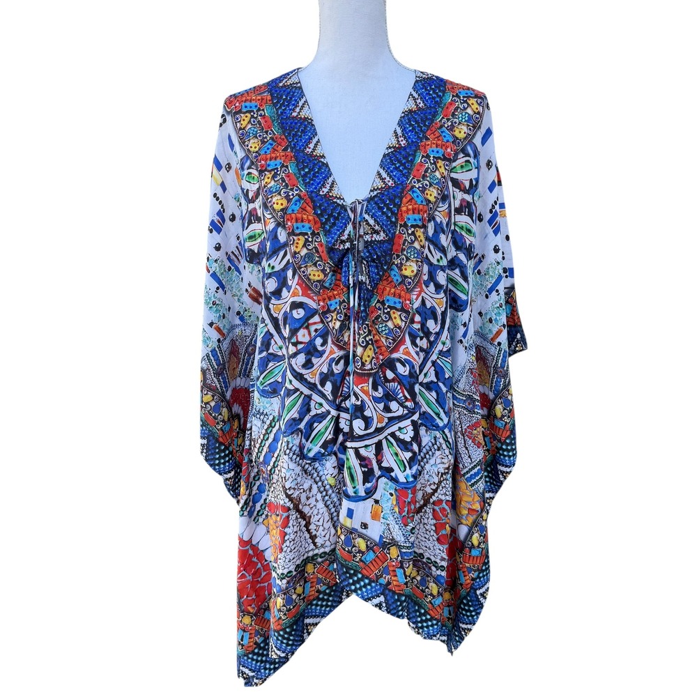 Sakkas Cover Up One Size White Colorful Print Kaftan‎ Tunic Top